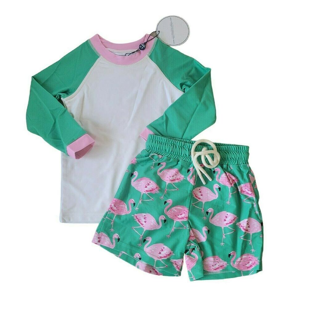 SweetHoney Boy's Flamingo Print Rashguard + Swim Trunks Set